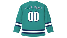 Load image into Gallery viewer, Helsinki Original Hockey Jersey in Sea Teal, back view with your name and number