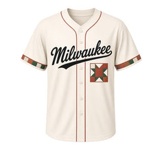 Load image into Gallery viewer, Heritage Quilt Milwaukee Baseball Jersey in Quilt Cream, front view – square patchwork quilt block graphic with thread-spool crest, custom name and number