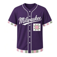 Load image into Gallery viewer, Heritage Quilt Milwaukee Baseball Jersey in Heirloom Plum, front view – square patchwork quilt block graphic with thread-spool crest, custom name and number