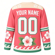 Load image into Gallery viewer, Hibiscus Island Breeze Original Hockey Jersey in Coral Sunset, back view with your name and number – hibiscus-outline yoke and leaf-stripe sleeve bands