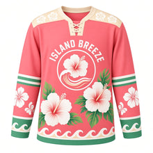 Load image into Gallery viewer, Hibiscus Island Breeze Original Hockey Jersey in Coral Sunset, front view – bold hibiscus flowers over curling ocean waves with hibiscus crest, custom name and number