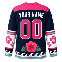 Load image into Gallery viewer, Hibiscus Island Breeze Original Hockey Jersey in Island Night, back view with your name and number – hibiscus-outline yoke and leaf-stripe sleeve bands