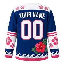 Load image into Gallery viewer, Hibiscus Island Breeze Original Hockey Jersey in Ocean Blue, back view with your name and number – hibiscus-outline yoke and leaf-stripe sleeve bands