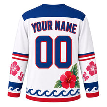 Load image into Gallery viewer, Hibiscus Island Breeze Original Hockey Jersey in Seashell White, back view with your name and number – hibiscus-outline yoke and leaf-stripe sleeve bands