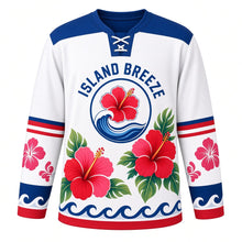 Load image into Gallery viewer, Hibiscus Island Breeze Original Hockey Jersey in Seashell White, front view – bold hibiscus flowers over curling ocean waves with hibiscus crest, custom name and number