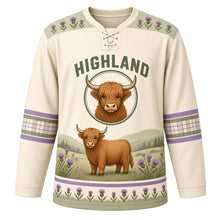 Load image into Gallery viewer, Highland Cow Meadow Original Hockey Jersey in Oat Cream, front view – shaggy ginger highland cow in a thistle meadow with highland cow crest, custom name and number