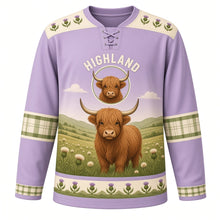 Load image into Gallery viewer, Highland Cow Meadow Original Hockey Jersey in Heather Lilac, front view – shaggy ginger highland cow in a thistle meadow with highland cow crest, custom name and number