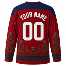 Load image into Gallery viewer, Highland Games Original Hockey Jersey in Tartan Red, back view with custom YOUR NAME and 00