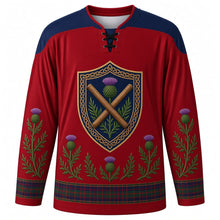 Load image into Gallery viewer, Highland Games Original Hockey Jersey in Tartan Red, front view with themed artwork and clean crest