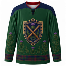 Load image into Gallery viewer, Highland Games Original Hockey Jersey in Highland Green, front view with themed artwork and clean crest