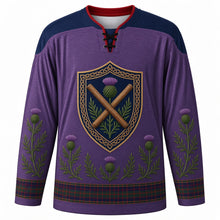 Load image into Gallery viewer, Highland Games Original Hockey Jersey in Heather Purple, front view with themed artwork and clean crest