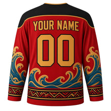 Load image into Gallery viewer, Hiri Moale Festival Original Hockey Jersey in Lakatoi Red, back view with custom YOUR NAME and 00