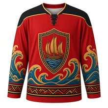 Load image into Gallery viewer, Hiri Moale Festival Original Hockey Jersey in Lakatoi Red, front view with themed artwork and clean crest