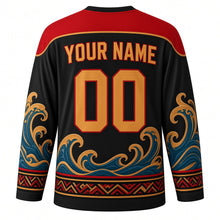 Load image into Gallery viewer, Hiri Moale Festival Original Hockey Jersey in Black, back view with custom YOUR NAME and 00