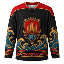 Load image into Gallery viewer, Hiri Moale Festival Original Hockey Jersey in Black, front view with themed artwork and clean crest