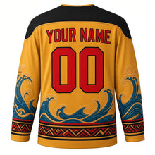 Load image into Gallery viewer, Hiri Moale Festival Original Hockey Jersey in Gold, back view with custom YOUR NAME and 00