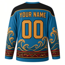 Load image into Gallery viewer, Hiri Moale Festival Original Hockey Jersey in Coral Sea Blue, back view with custom YOUR NAME and 00
