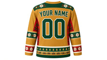 Load image into Gallery viewer, Ugly Christmas Holly Jolly Hockey Jersey in Gold, back view of the hockey jersey with a poinsettia and holly yoke and matching sleeve and bell hem stripe bands, YOUR NAME arc and 00 number, custom name and number