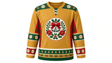Load image into Gallery viewer, Ugly Christmas Holly Jolly Hockey Jersey in Gold, front view of a hockey jersey with mustard gold body, holly green shoulder yoke printed with poinsettias and holly, berry red side panels, green poinsettia elbow bands, red cuff bands, silver bells on the crest and a green bell and holly hem stripe band, and a round holly wreath crest with red berries, a bow, bells, mistletoe and poinsettias on the chest, custom name and number