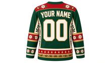 Load image into Gallery viewer, Ugly Christmas Holly Jolly Hockey Jersey in Holly Green, back view of the hockey jersey with a poinsettia and holly yoke and matching sleeve and bell hem stripe bands, YOUR NAME arc and 00 number, custom name and number