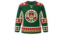 Load image into Gallery viewer, Ugly Christmas Holly Jolly Hockey Jersey in Holly Green, front view of a hockey jersey with holly green body, berry red shoulder yoke printed with ivory poinsettias and holly, ivory side panels with holly and berries, red poinsettia elbow bands with gold stripes, ivory cuff bands and a bell and holly hem stripe band, and a round holly wreath crest with red berries, a bow, bells, mistletoe and poinsettias on the chest, custom name and number