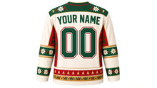 Load image into Gallery viewer, Ugly Christmas Holly Jolly Hockey Jersey in Ivory, back view of the hockey jersey with a poinsettia and holly yoke and matching sleeve and bell hem stripe bands, YOUR NAME arc and 00 number, custom name and number