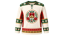 Load image into Gallery viewer, Ugly Christmas Holly Jolly Hockey Jersey in Ivory, front view of a hockey jersey with ivory body, holly green shoulder yoke printed with poinsettias and holly, berry red side panels with holly, green poinsettia elbow bands with gold stripes, green and red cuff bands and a bell and holly hem stripe band, and a round holly wreath crest with red berries, a bow, bells, mistletoe and poinsettias on the chest, custom name and number