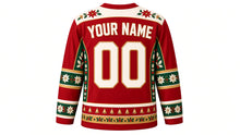 Load image into Gallery viewer, Ugly Christmas Holly Jolly Hockey Jersey in Berry Red, back view of the hockey jersey with a poinsettia and holly yoke and matching sleeve and bell hem stripe bands, YOUR NAME arc and 00 number, custom name and number