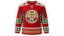 Load image into Gallery viewer, Ugly Christmas Holly Jolly Hockey Jersey in Berry Red, front view of a hockey jersey with berry red body, ivory shoulder yoke printed with poinsettias and holly, holly green side panels with holly and berries, green poinsettia elbow bands with gold stripes, green cuff bands, a gold bow and bells on the crest and a bell and holly hem stripe band, and a round holly wreath crest with red berries, a bow, bells, mistletoe and poinsettias on the chest, custom name and number