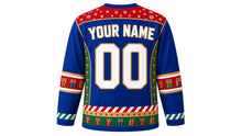 Load image into Gallery viewer, Ugly Christmas Nutcracker Hockey Jersey in Royal Blue, back view of the hockey jersey with a gold star and candy stripe yoke and matching present sleeve bands and hem stripe band, YOUR NAME arc and 00 number, custom name and number