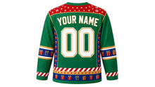 Load image into Gallery viewer, Ugly Christmas Nutcracker Hockey Jersey in Emerald, back view of the hockey jersey with a gold star and candy stripe yoke and matching present sleeve bands and hem stripe band, YOUR NAME arc and 00 number, custom name and number