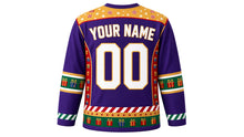 Load image into Gallery viewer, Ugly Christmas Nutcracker Hockey Jersey in Royal Purple, back view of the hockey jersey with a gold star and candy stripe yoke and matching present sleeve bands and hem stripe band, YOUR NAME arc and 00 number, custom name and number