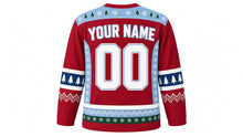 Load image into Gallery viewer, Ugly Christmas Polar Bear Hockey Jersey in Cranberry, back view of the hockey jersey with a snowflake and pine tree patterned yoke and matching sleeve and hem stripe bands, YOUR NAME arc and 00 number, custom name and number
