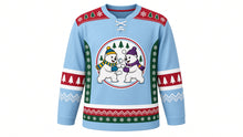 Load image into Gallery viewer, Ugly Christmas Polar Bear Hockey Jersey in Ice Blue, front view of a hockey jersey with ice blue body, cranberry shoulder yoke printed with white snowflakes and pine trees, pine green side panels with white snowflakes, cranberry pine-tree elbow bands, white zigzag cuff bands and a snowflake and zigzag hem stripe band, and a round crest of two cartoon polar bears in a snowball fight on the chest, custom name and number