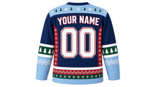 Load image into Gallery viewer, Ugly Christmas Polar Bear Hockey Jersey in Midnight Navy, back view of the hockey jersey with a snowflake and pine tree patterned yoke and matching sleeve and hem stripe bands, YOUR NAME arc and 00 number, custom name and number