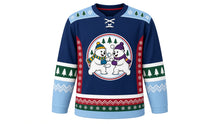 Load image into Gallery viewer, Ugly Christmas Polar Bear Hockey Jersey in Midnight Navy, front view of a hockey jersey with midnight navy body, ice blue shoulder yoke printed with snowflakes and pine trees, cranberry side panels, pine green pine-tree elbow bands, ice blue zigzag cuffs and a cranberry and pine green snowflake hem stripe band, and a round crest of two cartoon polar bears in a snowball fight on the chest, custom name and number