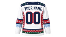 Load image into Gallery viewer, Ugly Christmas Polar Bear Hockey Jersey in Snow White, back view of the hockey jersey with a snowflake and pine tree patterned yoke and matching sleeve and hem stripe bands, YOUR NAME arc and 00 number, custom name and number