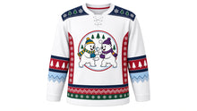 Load image into Gallery viewer, Ugly Christmas Polar Bear Hockey Jersey in Snow White, front view of a hockey jersey with snow white body, navy shoulder yoke printed with white snowflakes and pine trees, cranberry side panels, navy and cranberry pine-tree elbow bands, ice blue zigzag cuff bands and a snowflake and zigzag hem stripe band, and a round crest of two cartoon polar bears in a snowball fight on the chest, custom name and number