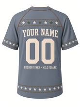 Load image into Gallery viewer, Hoboken Heritage Baseball Jersey in Blue Gray, back view with rope-and-star yoke and your name and number