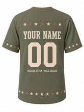 Load image into Gallery viewer, Hoboken Heritage Baseball Jersey in Olive, back view with rope-and-star yoke and your name and number