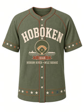 Load image into Gallery viewer, Hoboken Heritage Baseball Jersey in Olive, front view – olive green body with cream and terracotta piping, ballfield emblem with Hudson River skyline and rope-and-star trim, 1846 – custom name and number