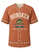 Load image into Gallery viewer, Hoboken Heritage Baseball Jersey in Terracotta, front view – terracotta body with cream piping, ballfield emblem with Hudson River skyline and rope-and-star trim, 1846 – custom name and number