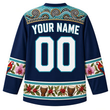 Load image into Gallery viewer, Honduras Original Hockey Jersey in Bay Islands Navy, back view with your name and number – Lenca pottery-pattern yoke, macaw feather sleeve bands and coffee-and-drum hem band, detailed artwork