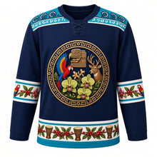 Load image into Gallery viewer, Honduras Original Hockey Jersey in Bay Islands Navy, front view – carved Copán ballcourt macaw crest with scarlet macaw, orchid and deer, ornate Lenca pottery yoke, detailed artwork, custom name and number