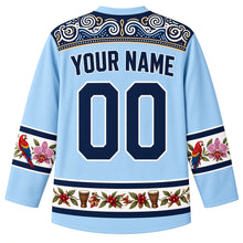 Load image into Gallery viewer, Honduras Original Hockey Jersey in Reef Sky Blue, back view with your name and number – Lenca pottery-pattern yoke, macaw feather sleeve bands and coffee-and-drum hem band, detailed artwork