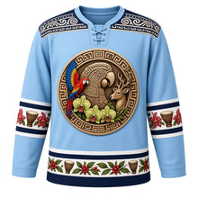 Load image into Gallery viewer, Honduras Original Hockey Jersey in Reef Sky Blue, front view – carved Copán ballcourt macaw crest with scarlet macaw, orchid and deer, ornate Lenca pottery yoke, detailed artwork, custom name and number