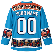 Load image into Gallery viewer, Honduras Original Hockey Jersey in Caribbean Turquoise, back view with your name and number – Lenca pottery-pattern yoke, macaw feather sleeve bands and coffee-and-drum hem band, detailed artwork