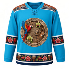 Load image into Gallery viewer, Honduras Original Hockey Jersey in Caribbean Turquoise, front view – carved Copán ballcourt macaw crest with scarlet macaw, orchid and deer, ornate Lenca pottery yoke, detailed artwork, custom name and number