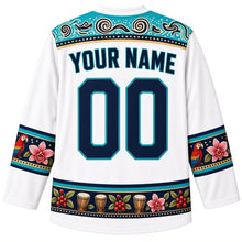 Load image into Gallery viewer, Honduras Original Hockey Jersey in Copán White, back view with your name and number – Lenca pottery-pattern yoke, macaw feather sleeve bands and coffee-and-drum hem band, detailed artwork