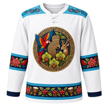 Load image into Gallery viewer, Honduras Original Hockey Jersey in Copán White, front view – carved Copán ballcourt macaw crest with scarlet macaw, orchid and deer, ornate Lenca pottery yoke, detailed artwork, custom name and number